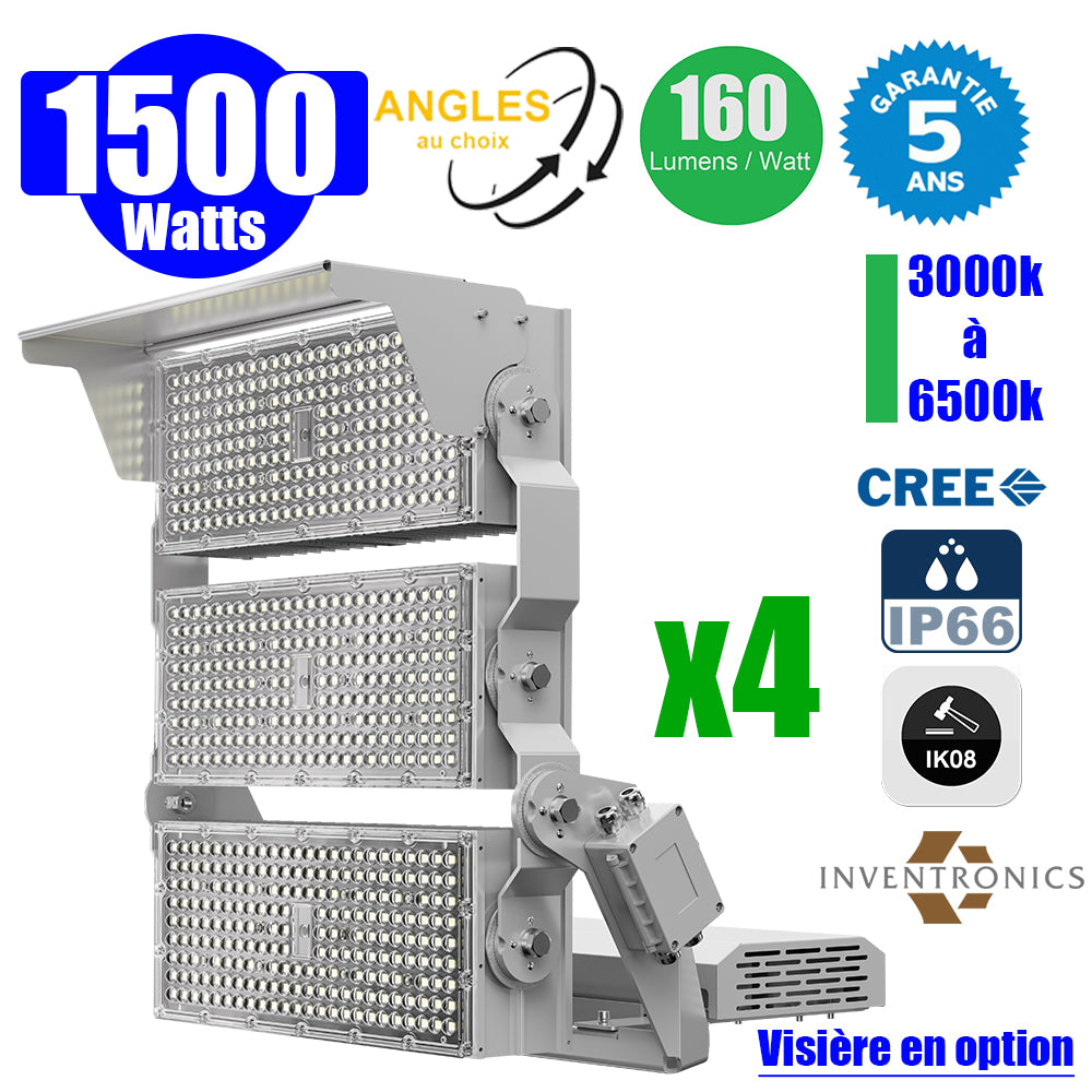 Pack de 4x Projecteurs hautes puissances LED de stade filaire - Série EVOLUTION V2 - 1500 Watts - 240 000 Lumens - 160 Lumens/Watt - Angle 20° / 30° / 60° / 90° / MLP30 / MBP45 au choix - 3000K à 6500K - Visière en option - Garantie 5 ans