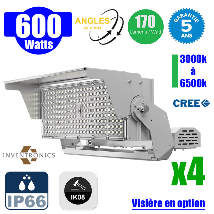 Pack de 4x Projecteurs hautes puissances LED de stade filaire - Série EVOLUTION V2 - 600 Watts - 102 000 Lumens - 170 Lumens/Watt - Angle 20° / 30° / 60° / 90° / MBP20 / MLP30 / MBP45 / MBP70 au choix - 3000K à 6500K - Visière en option - Garantie 5 ans