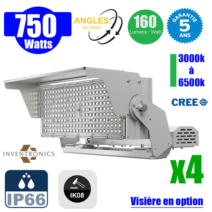 Pack de 4x Projecteurs hautes puissances LED de stade filaire - Série EVOLUTION V2 - 750 Watts - 120 000 Lumens - 160 Lumens/Watt - Angle 20° / 30° / 60° / 90° / MLP30 / MBP45 au choix - 3000K à 6500K - Visière en option - Garantie 5 ans