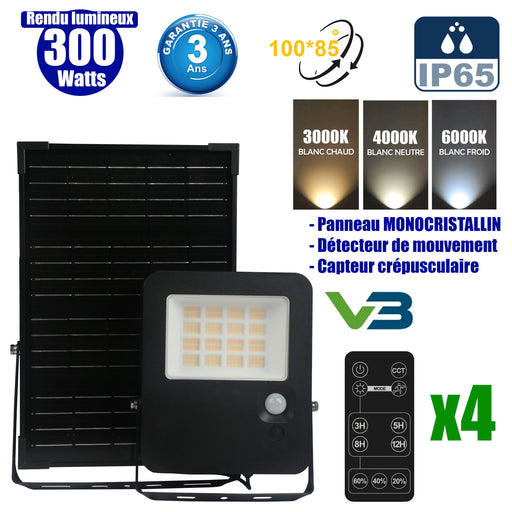 Pack de 4x Projecteurs LED solaire - Série SECURITY V3 - 300 Watts - 4800 Lumens - Angle 100*85° - IP65 - Lampe 24 x 20 x 4 cm - Panneau solaire MONOCRISTALLIN 37 x 26 x 2 cm - Détecteur de mouvement - Télécommande - 3000k/4000k/6000k - Garantie 3 ans