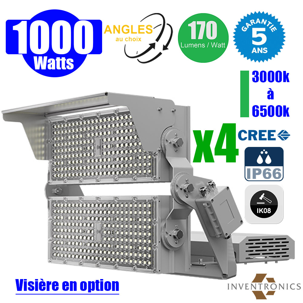 Pack de 4x Projecteurs hautes puissances LED de stade filaire - Série EVOLUTION V2 - 1000 Watts - 170 000 Lumens - 170 Lumens/Watt - Angle 20° / 30° / 60° / 90° / MBP20 / MLP30 / MBP45 / MBP70 au choix - 3000K à 6500K - Visière en option - Garantie 5 ans