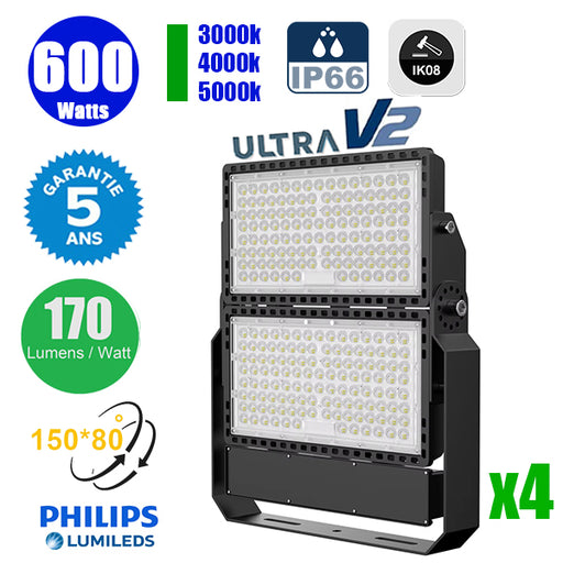 Pack de 4x Projecteurs LED filaires - Série CITY PLUS ULTRA V2 - 600 Watts - 102 000 Lumens - 170 Lumens/Watt - Angle 150*80° - IP66 - IK08 - 52 x 45 x 7 cm - Support ajustable 270° - Câble 50cm - 3000k/4000k/5000k au choix - Garantie 5 ans