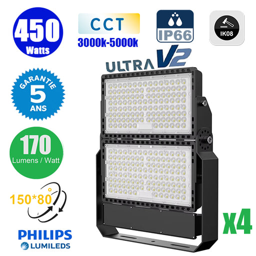 Pack de 4x Projecteurs LED filaires CCT (Couleur Changeante en Température) - Série CITY PLUS ULTRA V2 - 450 Watts - 76 500 Lumens - 170 Lumens/Watt - Angle 150*80° - IP66 - IK08 - 52 x 45 x 7 cm - Support ajustable 270° - Câble 50cm - Garantie 5 ans