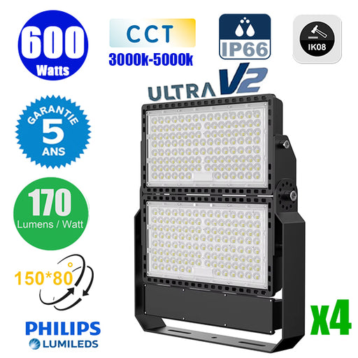 Pack de 4x Projecteurs LED filaires CCT (Couleur Changeante en Température) - Série CITY PLUS ULTRA V2 - 600 Watts - 102 000 Lumens - 170 Lumens/Watt - Angle 150*80° - IP66 - IK08 - 52 x 45 x 7 cm - Support ajustable 270° - Câble 50cm - Garantie 5 ans