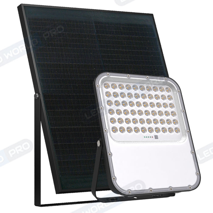 Pack de 2x Projecteurs LED solaires - Série BIG BOY V3 - 500 Watts - 2800 Lumens - 90° - IP65 - Lampe 28 x 23 x 5 cm - Panneau solaire MONOCRISTALLIN FULL BLACK 39 x 30 x 2 cm - Télécommande - 4000k - Structure ALUMINIUM