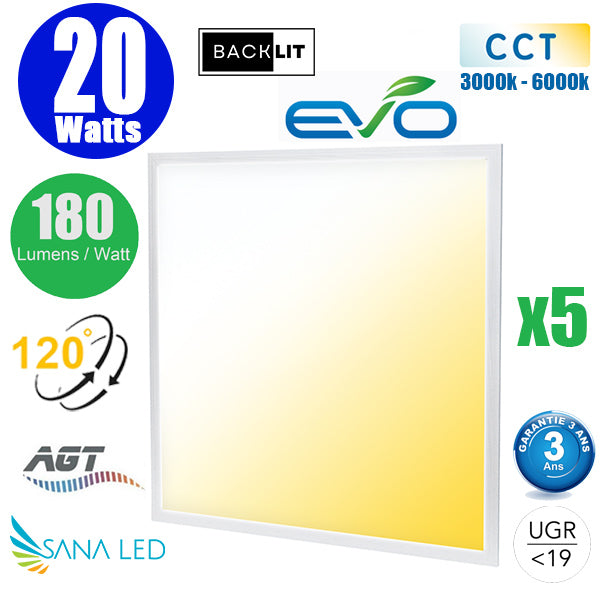 Pack de 5x Dalles LED Dernière génération - BACKLIT - 60 x 60 cm - Série AMBITION EVO - CCT (Couleur Changeante en Température) – 20 Watts - 3600 lumens - 180 Lumens/Watt - Transformateur inclus - UGR <19 - Garantie 3 ans