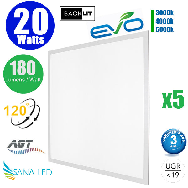 Pack de 5x Dalles LED Dernière génération - BACKLIT - 60 x 60 cm - Série AMBITION EVO – 20 Watts - 3600 lumens - 180 Lumens/Watt - 3000k/4000k/6000k au choix - Transformateur inclus - UGR <19 - Garantie 3 ans