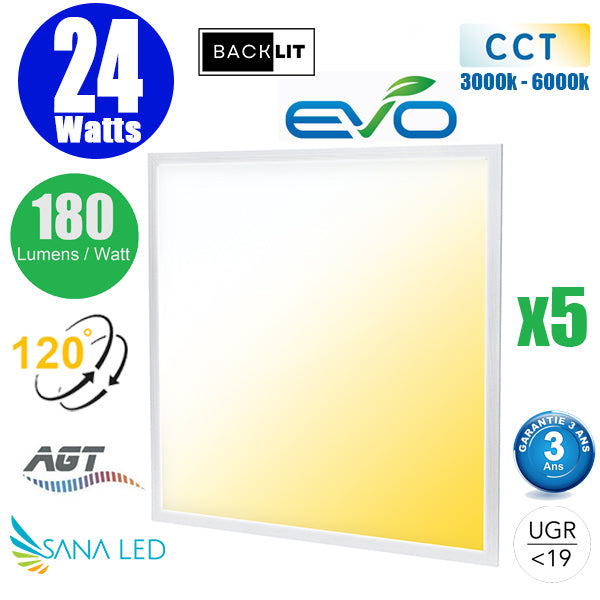 Pack de 5x Dalles LED Dernière génération - BACKLIT - 60 x 60 cm - Série AMBITION EVO - CCT (Couleur Changeante en Température) – 24 Watts - 4320 Lumens - 180 Lumens/Watt - Transformateur inclus - UGR <19 - Garantie 3 ans