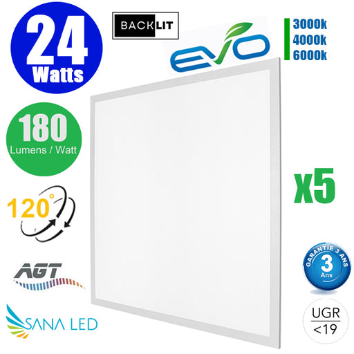 Pack de 5x Dalles LED Dernière génération - BACKLIT - 60 x 60 cm - Série AMBITION EVO – 24 Watts - 4320 Lumens - 180 Lumens/Watt - 3000k/4000k/6000k au choix - Transformateur inclus - UGR <19 - Garantie 3 ans