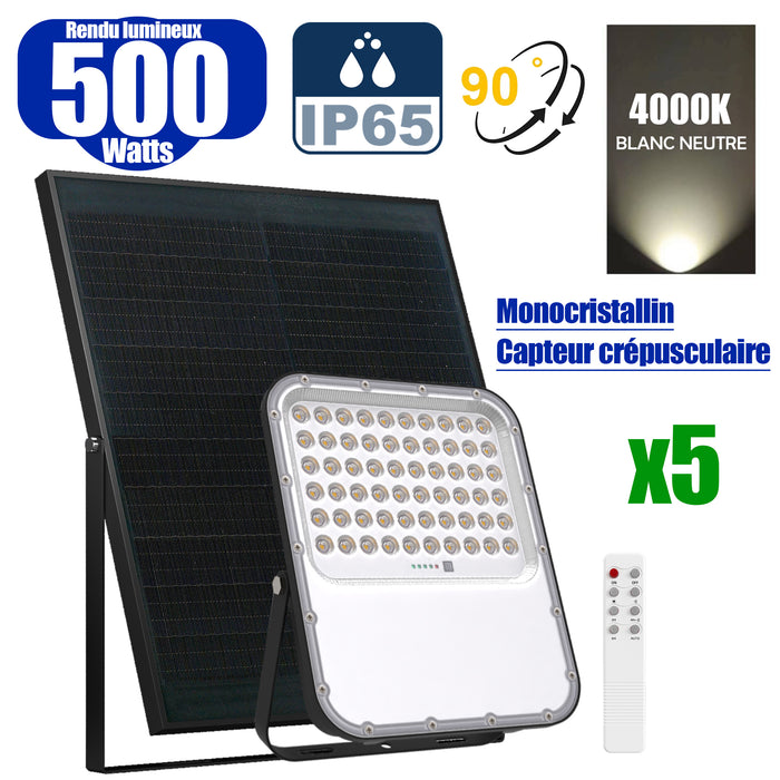 Pack de 5x Projecteurs LED solaires - Série BIG BOY V3 - 500 Watts - 2800 Lumens - 90° - IP65 - Lampe 28 x 23 x 5 cm - Panneau solaire MONOCRISTALLIN FULL BLACK 39 x 30 x 2 cm - Télécommande - 4000k - Structure ALUMINIUM