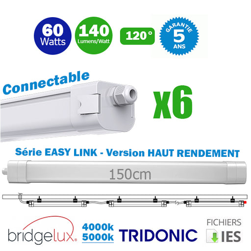 Pack de 6x Réglettes LED étanches connectables - Série EASY-LINK - Version HAUT RENDEMENT - 60 Watts - 8400 Lumens - 140 Lumens/Watt - 150 x 7 x 6 cm - Angle 120° - IP65 - 4000k / 5000k - Transformateur TRIDONIC - Garantie 5 ans