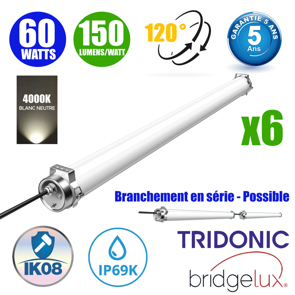 Pack de 6x Réglettes LED étanches 150cm - Série TUBIX - 60 Watts - 9000 Lumens - 150 Lumens/watt - Angle 120°  - IP69K - 150 x 8 cm - Transformateur TRIDONIC - Branchement en Série Possible - 4000K - Garantie 5 ans