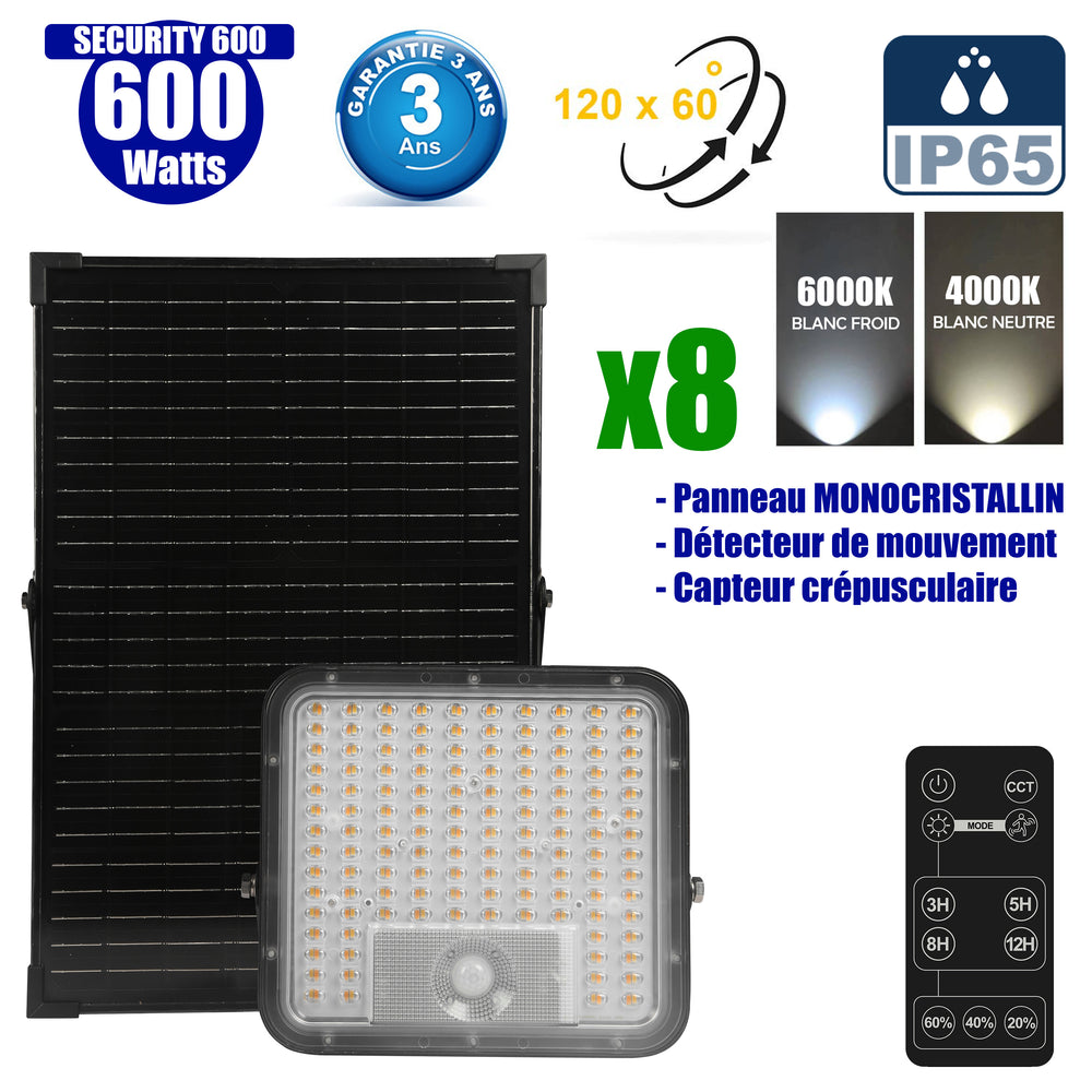 Pack de 8x Projecteurs LED solaire - Série SECURITY 600 - 600 Watts - 9600 Lumens - Angle 120*60° - IP65 - Lampe 26 x 25 x 6 cm - Panneau solaire MONOCRISTALLIN 37 x 26 x 2 cm - Avec détecteur de mouvement - Télécommande - 4000k/6000k - Garantie 3 ans