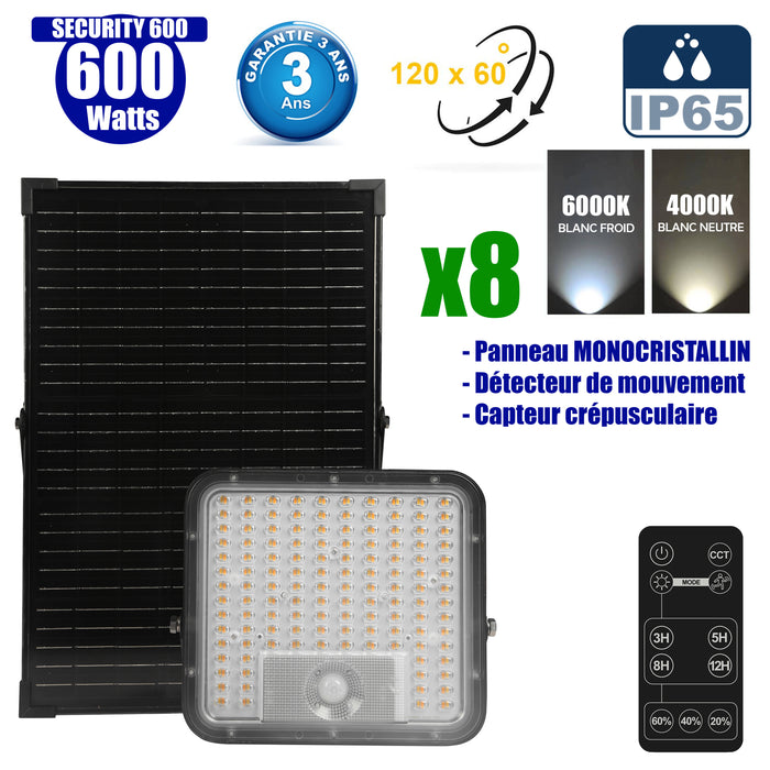 Pack de 8x Projecteurs LED solaire - Série SECURITY 600 - 600 Watts - 9600 Lumens - Angle 120*60° - IP65 - Lampe 26 x 25 x 6 cm - Panneau solaire MONOCRISTALLIN 37 x 26 x 2 cm - Avec détecteur de mouvement - Télécommande - 4000k/6000k - Garantie 3 ans