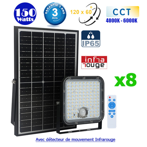 Pack de 8x Projecteurs LED solaires CCT (Couleur Changeante en Température) - Série SECURITY V1 - Rendu lumineux 150 Watts - 1500 lumens - Angle 120° x 60° - Lampe 14 x 15 x 3 cm - Panneau solaire monocristallin - Détecteur Infrarouge - Garantie 3 ans