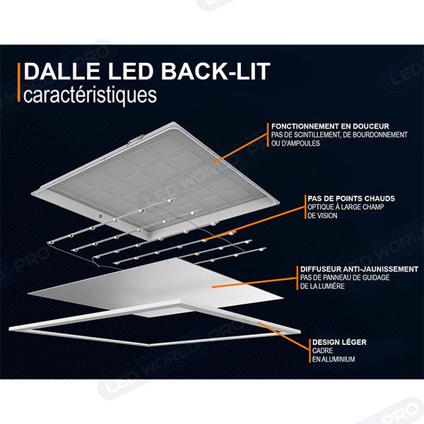 Pack de 20x Dalles LED Dernière génération - BACKLIT - 60 x 60 cm - Série AMBITION EVO - CCT (Couleur Changeante en Température) – Puissance ajustable 20 à 24 Watts - 180 Lumens/Watt - Transformateur inclus - UGR <19 - Garantie 3 ans