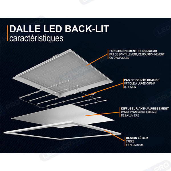 Pack de 10x Dalles LED Dernière génération - BACKLIT - 60 x 60 cm - Série AMBITION EVO – 20 Watts - 3600 Watts - 180 Lumens/Watt - 3000k/4000k/6000k au choix - Transformateur inclus - UGR <19 - Garantie 3 ans