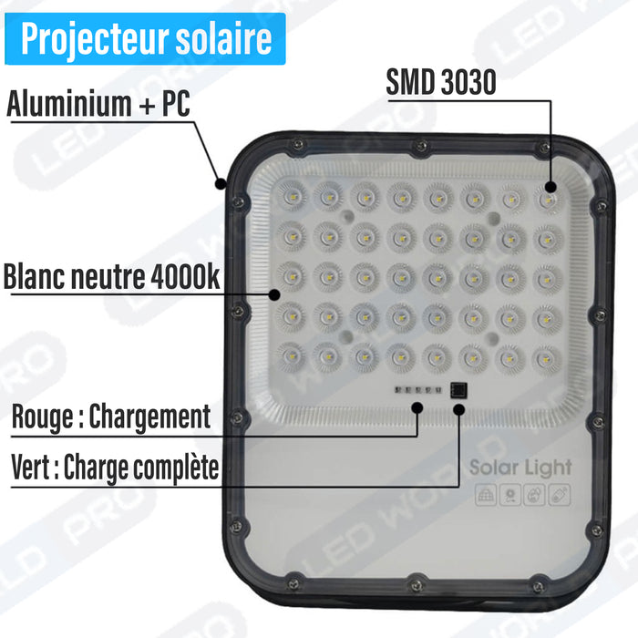 Pack de 5x Projecteurs LED solaires - Série BIG BOY V3 - 500 Watts - 2800 Lumens - 90° - IP65 - Lampe 28 x 23 x 5 cm - Panneau solaire MONOCRISTALLIN FULL BLACK 39 x 30 x 2 cm - Télécommande - 4000k - Structure ALUMINIUM