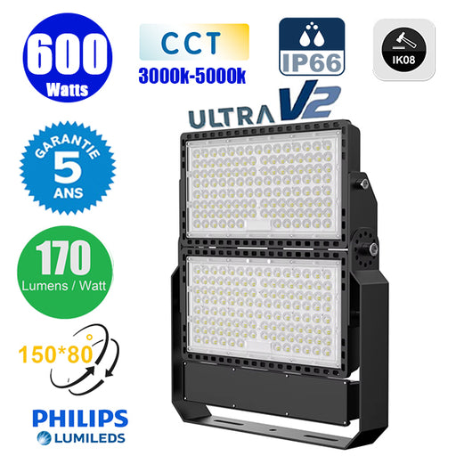 Projecteur LED filaire CCT (Couleur Changeante en Température) - Série CITY PLUS ULTRA V2 - 600 Watts - 102 000 Lumens - 170 Lumens/Watt - Angle 150*80° - IP66 - IK08 - 52 x 45 x 7 cm - Support ajustable 270° - Câble 50cm - Garantie 5 ans