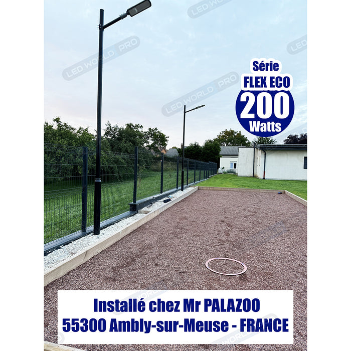 Pack lampadaire filaire complet double tête 6 mètres : 2x Lampes de rue filaire - Série FLEX ECO - 150 Watts - 4500k + Mât STANDARD V2 - 6 mètres - Avec TRAPPE + Double tête de mât en ligne ou perpendiculaire