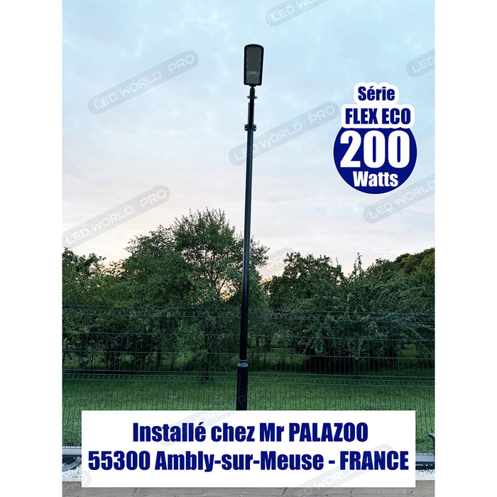 Pack lampadaire filaire complet 5 mètres : Lampe de rue filaire - Série FLEX ECO - 50 Watts - 3000k + Mât STANDARD - 5 mètres avec trappe + Support déporté 45mm ou Adaptateur rotatif 80/50 mm