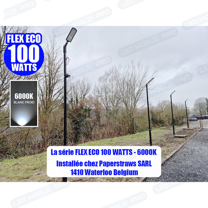 Pack lampadaire filaire complet 4 mètres : Lampe de rue filaire - Série FLEX ECO - 100 Watts - 3000k + Mât STANDARD - 4 mètres avec trappe + Support déporté 45mm ou Adaptateur rotatif 80/50 mm