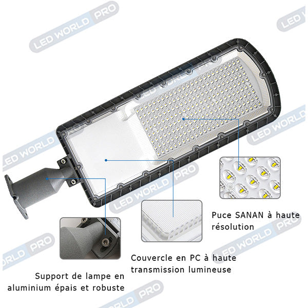 Pack lampadaire filaire complet triple tête 5 mètres : 3x Lampes de rue filaire - Série FLEX ECO - 150 Watts - 4500k + Mât STANDARD - 5 mètres avec trappe + Triple tête de mât perpendiculaire