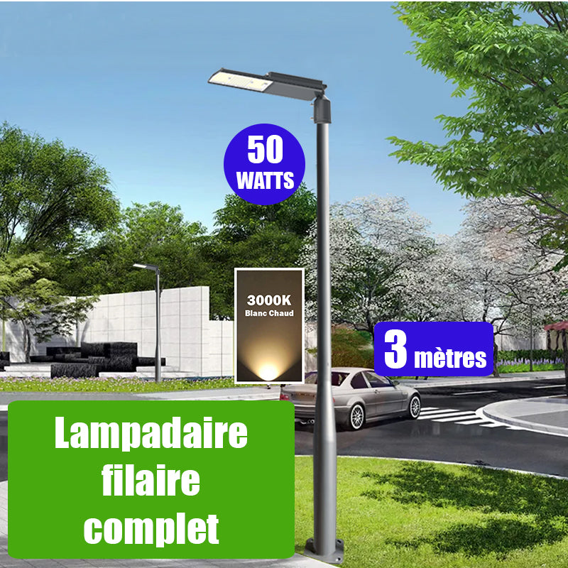 Pack lampadaire complet 3 mètres : Lampe de rue filaire - Série FLEX V2 - 50 Watts - 3000k + Mât STANDARD V3 - 3 mètres - Couleur Gris + Adaptateur 60/80mm ou Support déporté 60mm