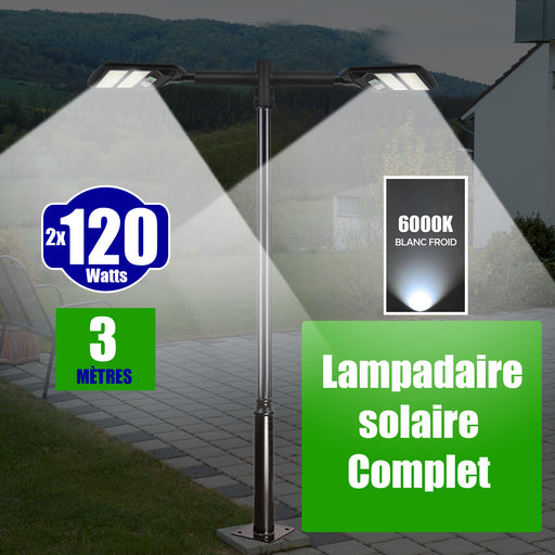 Pack lampadaire solaire complet 3 mètres : Double Luminaire LED pour Candélabre - Série VIEW V2 - 120 Watts - 1200 Lumens - 6000k + Mât STANDARD 3 mètres + 2x adaptateurs 60/50 - ajustable + Adaptateur double tête de mât en ligne ou perpendiculaire