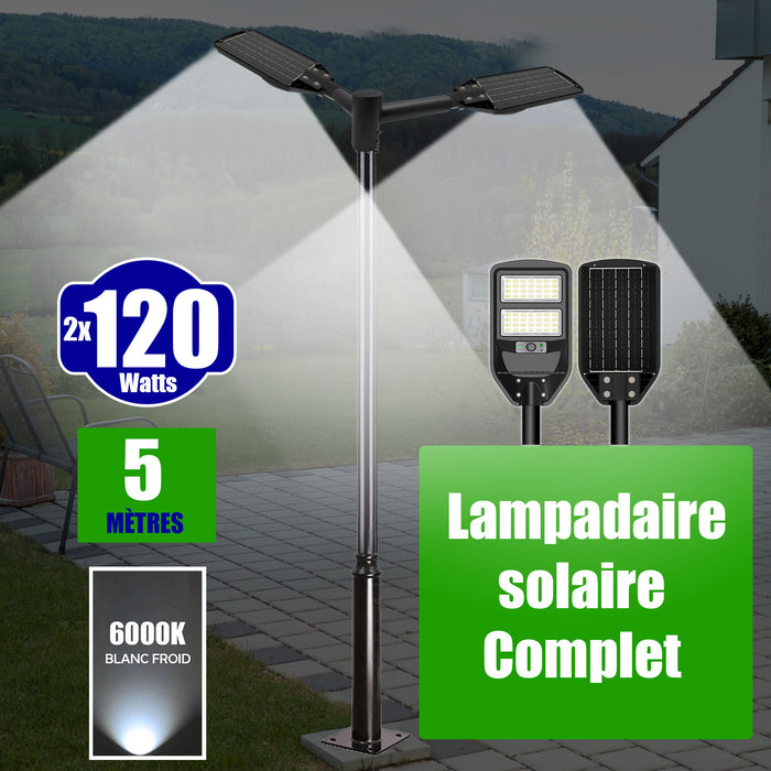 Pack lampadaire solaire complet 5 mètres : Double Luminaire LED pour Candélabre - Série VIEW V2 - 120 Watts - 1200 Lumens - 6000k + Mât STANDARD 5 mètres + 2x adaptateurs 60/50 - ajustable + Adaptateur double tête de mât en ligne ou perpendiculaire