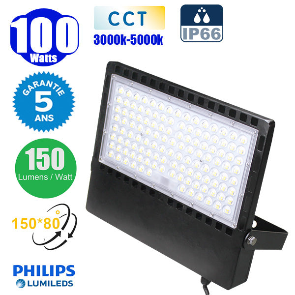 Projecteur LED filaire CCT (Couleur Changeante en Température) - Série CITY PLUS ULTRA - 100 Watts - 15 000 Lumens - 150 Lumens/Watt - Angle 150 x 80° - IP66 - IK08 - 40 x 31 x 5 cm - Support ajustable 270° - Câble 50cm - Garantie 5 ans