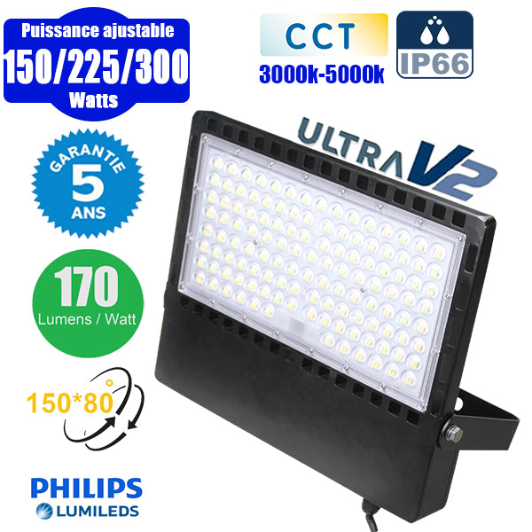 Projecteur LED filaire CCT - Série CITY PLUS ULTRA V2 - Puissance ajustable 150 / 225 / 300 Watts - Jusqu'à 51 000 Lumens - 170 Lumens/Watt - Angle 150 x 80° - IP66 - IK08 - 40 x 31 x 5 cm - Support ajustable 270° - Câble 50cm - Garantie 5 ans