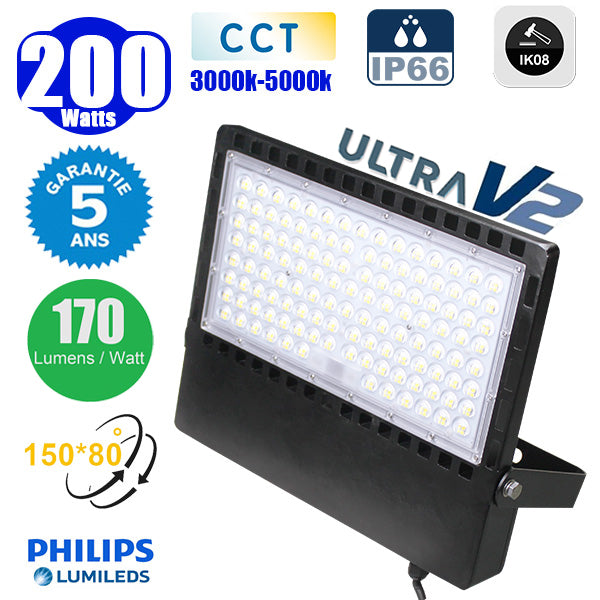 Projecteur LED filaire CCT (Couleur Changeante en Température) - Série CITY PLUS ULTRA V2 - 200 Watts - 34 000 Lumens - 170 Lumens/Watt - Angle 150 x 80° - IP66 - IK08 - 40 x 31 x 5 cm - Support ajustable 270° - Câble 50cm - Garantie 5 ans