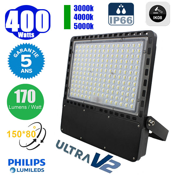 Projecteur LED filaire - Série CITY PLUS ULTRA V2 - 400 Watts - 68 000 Lumens - 170 Lumens/Watt - Angle 150*80° - IP66 - IK08 - 46 x 41 x 6 cm - Support ajustable 270° - Câble 50cm - 3000k/4000k/5000k au choix - Garantie 5 ans