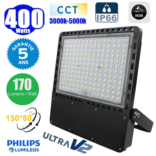 Projecteur LED filaire CCT (Couleur Changeante en Température) - Série CITY PLUS ULTRA V2 - 400 Watts - 68 000 Lumens - 170 Lumens/Watt - Angle 150*80° - IP66 - IK08 - 46 x 41 x 6 cm - Support ajustable 270° - Câble 50cm - Garantie 5 ans