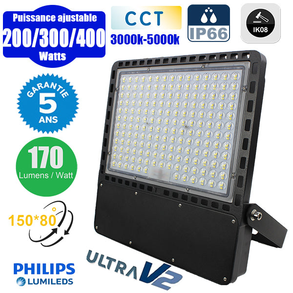 Projecteur LED filaire CCT - Série CITY PLUS ULTRA V2 - Puissance ajustable 200 / 300 / 400 Watts - Jusqu'à 68 000 Lumens - 170 Lumens/Watt - Angle 150*80° - IP66 - IK08 - 46 x 41 x 6 cm - Support ajustable 270° - Câble 50cm - Garantie 5 ans