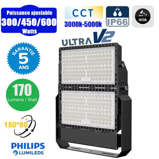 Projecteur LED filaire CCT - Série CITY PLUS ULTRA V2 - Puissance ajustable 300 / 450 / 600 Watts - Jusqu'à 102 000 Lumens - 170 Lumens/Watt - Angle 150*80° - IP66 - IK08 - 52 x 45 x 7 cm - Support ajustable 270° - Câble 50cm - Garantie 5 ans