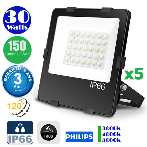 Pack de 5x Projecteurs LED hautes performances - Série CITY PLUS - 30 Watts - 4500 Lumens - 150 Lumens/Watt - IP66 - IK08 - Angle 120°- 23 x 20 x 5 cm - Transformateur Done - Détecteur Infrarouge en option - 3000k / 4000k / 5000k - Garantie 3 ans