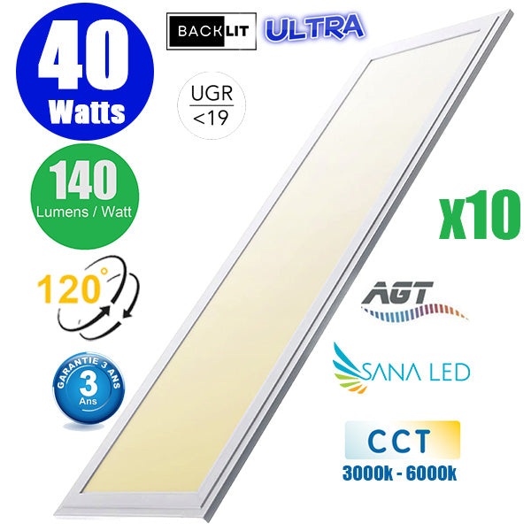 Pack de 10x Dalles LED Dernière génération - BACKLIT - 30 x 120 cm - Série AMBITION ULTRA - CCT (Couleur Changeante en Température) – Puissance 40 Watts - 140 Lumens/Watt - Transformateur inclus - UGR <19 - Garantie 3 ans