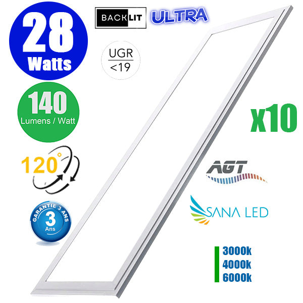 Pack de 10x Dalles LED Dernière génération - BACKLIT - 30 x 120 cm - Série AMBITION ULTRA - 3000k / 4000k / 6000k au choix – Puissance 28 Watts - 140 Lumens/Watt - Transformateur inclus - UGR <19 - Garantie 3 ans