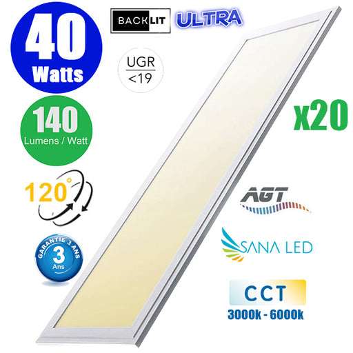 Pack de 20x Dalles LED Dernière génération - BACKLIT - 30 x 120 cm - Série AMBITION ULTRA - CCT (Couleur Changeante en Température) – Puissance 40 Watts - 5600 Lumens - 140 Lumens/Watt - Transformateur inclus - UGR <19 - Garantie 3 ans