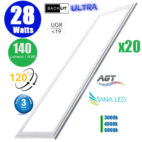 Pack de 20x Dalles LED Dernière génération - BACKLIT - 30 x 120 cm - Série AMBITION ULTRA - 3000k / 4000k / 6000k au choix – Puissance 28 Watts - 140 Lumens/Watt - Transformateur inclus - UGR <19 - Garantie 3 ans