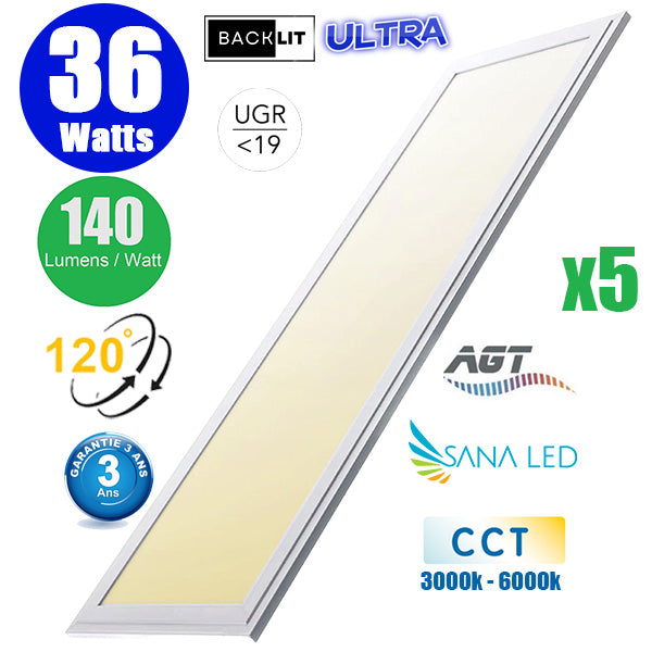 Pack de 5x Dalles LED Dernière génération - BACKLIT - 30 x 120 cm - Série AMBITION ULTRA - CCT (Couleur Changeante en Température) – Puissance 36 Watts - 140 Lumens/Watt - Transformateur inclus - UGR <19 - Garantie 3 ans