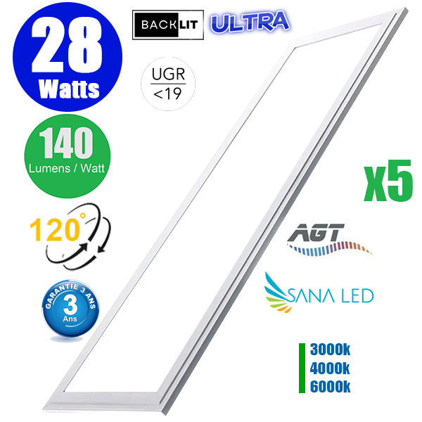 Pack de 5x Dalles LED Dernière génération - BACKLIT - 30 x 120 cm - Série AMBITION ULTRA - 3000k / 4000k / 6000k au choix – Puissance 28 Watts - 3920 Lumens - 140 Lumens/Watt - Transformateur inclus - UGR <19 - Garantie 3 ans