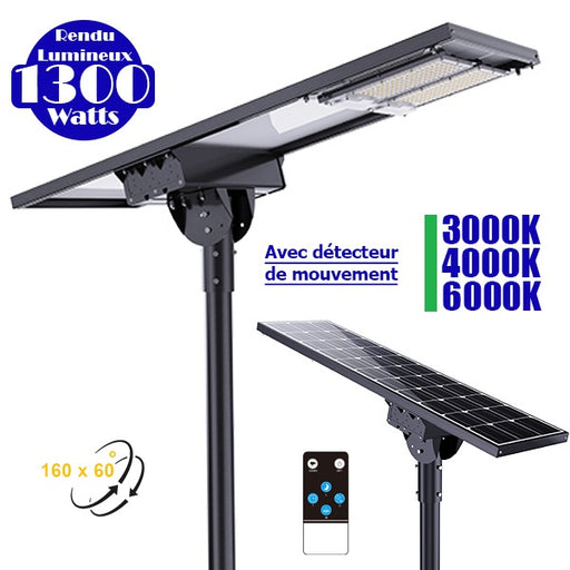 Lampe de rue solaire ajustable - Série DREAM V2 - 1300 Watts - 13 000 Lumens - 131 x 53 x 17 cm -  Angle 160*60° - IP65 - Diamètre du tube 76mm - Télécommande - Avec détecteur de mouvement - 6 modes - 3000k / 4000k / 6000k au choix