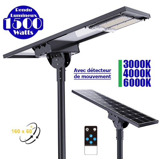 Lampe de rue solaire ajustable - Série DREAM V2 - 1500 Watts - 15 000 Lumens - 131 x 53 x 17 cm -  Angle 160*60° - IP65 - Diamètre du tube 76mm - Télécommande - Avec détecteur de mouvement - 6 modes - 3000k / 4000k / 6000k au choix