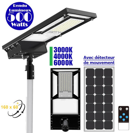 Lampe de rue solaire ajustable - Série DREAM V2 - 500 Watts - 5000 Lumens - 76 x 37 x 16 cm -  Angle 160*60° - IP65 - Diamètre du tube 60mm - Télécommande - Avec détecteur de mouvement - 6 modes - 3000k / 4000k / 6000k au choix