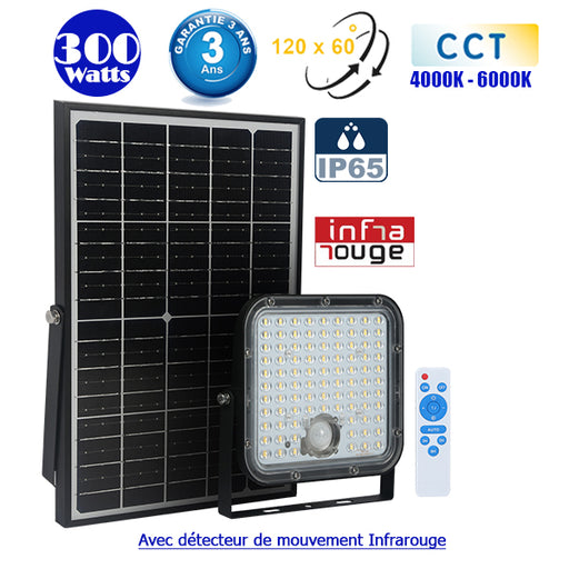 Projecteur LED solaire CCT (Couleur Changeante en Température) - Série SECURITY V1 - Rendu lumineux 300 Watts - 4800 lumens - Angle 120° x 60° - IP65 - Lampe 20 x 19 x 5 cm - Panneau solaire monocristallin - Détecteur Infrarouge - Garantie 3 ans