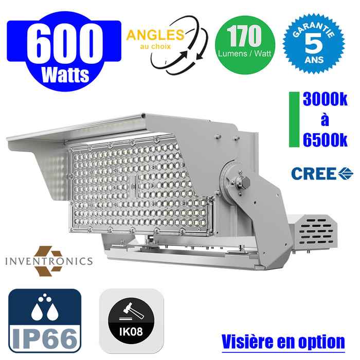 Projecteur haute puissance LED de stade filaire - Série EVOLUTION V2 - 600 Watts - 102 000 Lumens - 170 Lumens/Watt - Angle 20° / 30° / 60° / 90° / MBP20 / MLP30 / MBP45 / MBP70 au choix - IP66 - IK08 - 3000K à 6500K - Visière en option - Garantie 5 ans