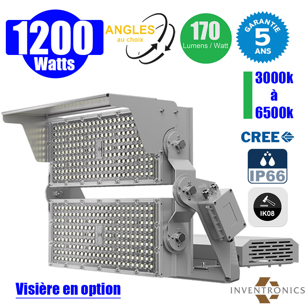 Projecteur haute puissance LED de stade filaire - Série EVOLUTION V2 - 1200 Watts - 204 000 Lumens - 170 Lumens/Watt - Angle 20° / 30° / 60° / 90° / MBP20 / MLP30 / MBP45 / MBP70 au choix - IP66 - IK08 - 3000K à 6500K - Visière en option - Garantie 5 ans